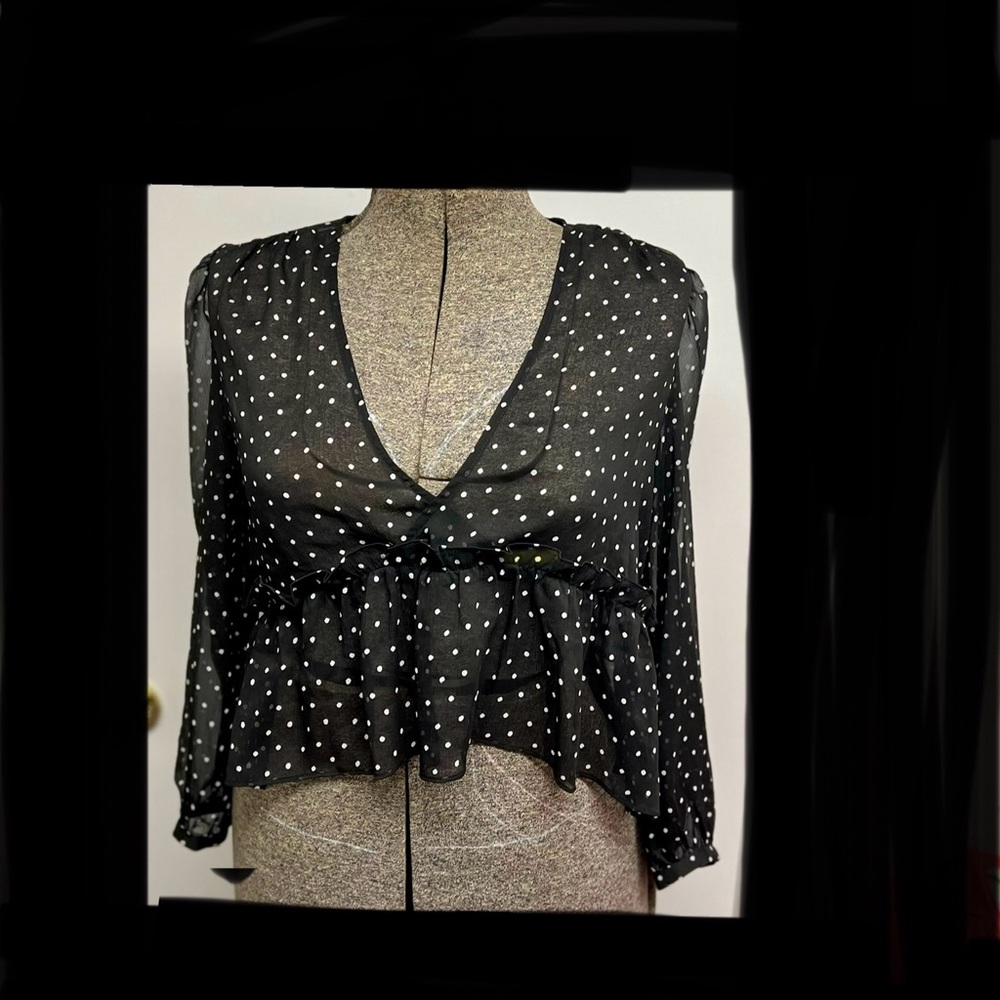 Sunday Best Black Polka Dot Sheer Peplum Top